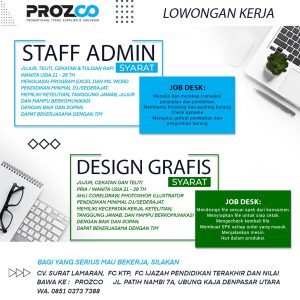 Lowongan Kerja Sebagai Staff Admin, Design Grafis untuk Prozco Bali Penempatan di Denpasar