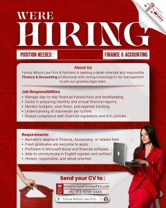 Lowongan Kerja Sebagai Staff Finance & Accounting untuk Fanisa Wilson Law Firm Penempatan di Denpasar