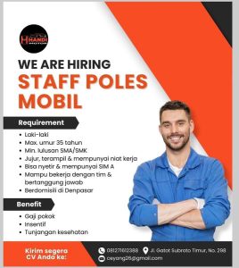 Lowongan Kerja Sebagai Staff Poles Mobil untuk Handi Motor Penempatan di Denpasar