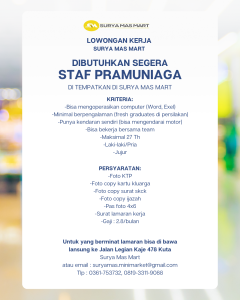 Lowongan Kerja Sebagai Staff Pramuniaga untuk Surya Mas Mart Penempatan di Badung