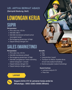 Lowongan Kerja Sebagai Supir, Sales (Marketing) untuk UD.Artha Berkat Abadi Penempatan di Sempidi, Badung