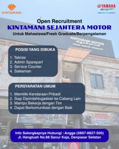 Lowongan Kerja Sebagai Teknisi, Admin Sparepart, Service Counter, Salesman untuk Yamaha Penempatan di Sanur, Denpasar