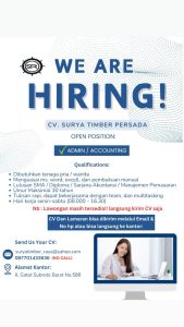Lowongan Kerja Sebagai Admin/Accounting untuk CV. Surya Timber Persada Penempatan di Denpasar