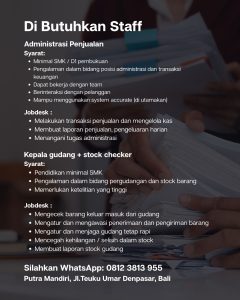 Lowongan Kerja Sebagai Administrasi Penjualan, Kepala Gudang + Stock Checker untuk Putra Mandiri Penempatan di Denpasar
