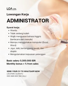 Lowongan Kerja Sebagai Administrator untuk LOA SPA Penempatan di Uluwatu, Badung