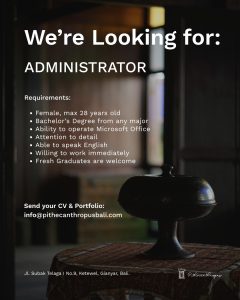 Lowongan Kerja Sebagai Administrator untuk Pithecanthropus Bali Penempatan di Sukawati, Gianyar
