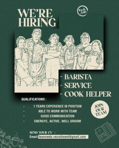 Lowongan Kerja Sebagai Barista, Service dan Cook Helper untuk Benih Cafe Penempatan di Kuta, Badung