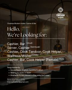 Lowongan Kerja Sebagai Cashier, Bar, Server, Cook Tandoor, Cook Helper, Waiter/ss untuk Chaskaa Modern Indian Cuisine & Bar Penempatan di Bali