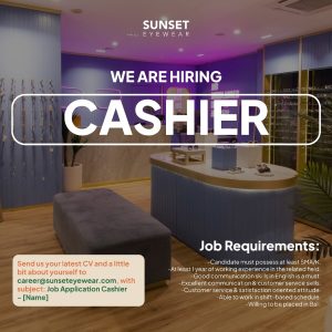 Lowongan Kerja Sebagai Cashier untuk Sunset Eyewear Penempatan di Bali