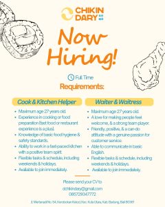 Lowongan Kerja Sebagai Cook & Kitchen Helper, Waiter/Waitress untuk Chikindary Bali Penempatan di Kerobokan, Badung