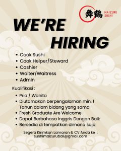 Lowongan Kerja Sebagai Cook Sushi, Cook Helper /Steward, Cashier, Waiter/Waitress, Admin untuk Maizuru Sushi Penempatan di Bali