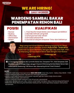 Lowongan Kerja Sebagai Daily Worker Runner, Busboy, Office Boy, Dishwasher, Helper untuk Waroeng Sambal Bakar Renon Penempatan di Denpasar