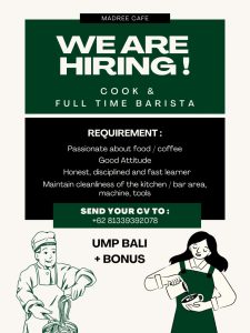 Lowongan Kerja Sebagai Full Time Barista untuk Madree Cafe Penempatan di Renon, Denpasar