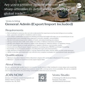 Lowongan Kerja Sebagai General Admin, Admin Gudang, Driver, Operational Assistant, Sales Executive untuk Vestu Studio Penempatan di Denpasar