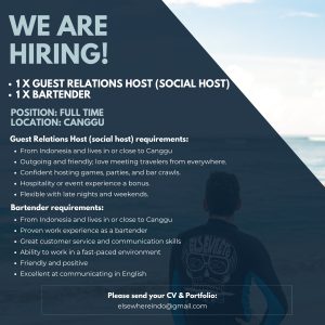 Lowongan Kerja Sebagai Guest Relations Host (Social Host), Bartender untuk Elsewhere Surf Camp Bali Canggu Penempatan di Badung