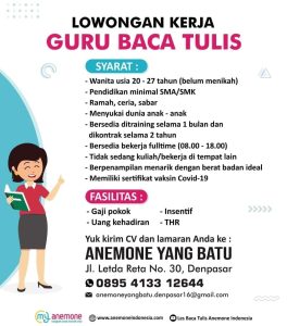 Lowongan Kerja Sebagai Guru Baca Tulis untuk Anemone Yang Batu Penempatan di Denpasar