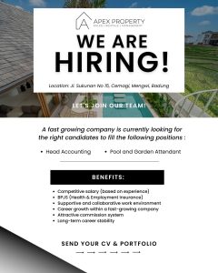 Lowongan Kerja Sebagai Head Accounting, Pool & Garden Attendant untuk Apex Property Penempatan di Mengwi, Badung