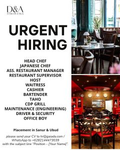 Lowongan Kerja Sebagai Head Chef, Japanese Chef, Asst Restaurant Manager, Restaurant Spv, Host, Dll untuk D&A Syrowatka Penempatan di Bali