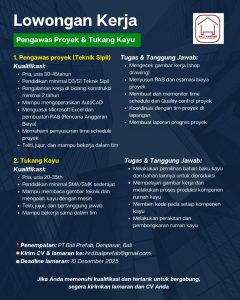 Lowongan Kerja Sebagai Pengawas proyek dan Tukang Kayu untuk PT.Bali Prefab Penempatan di Denpasar