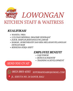 Lowongan Kerja Sebagai Staff Kitchen dan Waitress untuk Soto Bakso ABG Penempatan di Sanur, Denpasar