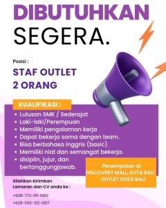 Lowongan Kerja Sebagai Staff Outlet untuk Doza Bali Penempatan di Discovery Mall Kuta, Badung