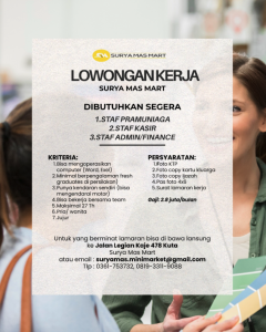 Lowongan Kerja Sebagai Staff Pramuniaga, Kasir, Admin/Finance untuk Surya Mas Mart Penempatan di Badung