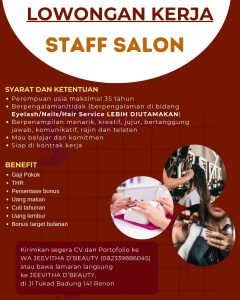 Lowongan Kerja Sebagai  Staff Salon untuk JEEVITHA D'BEAUTY Penempatan di Renon, Denpasar