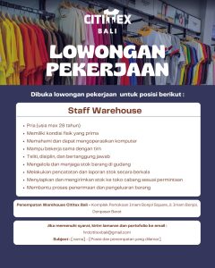 Lowongan Kerja Sebagai  Staff Warehouse untuk Cititex Penempatan di Denpasar