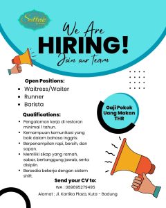 Lowongan Kerja Sebagai Waitress/Waiter, Runner, Barista untuk Sattvik By Nature Penempatan di Kuta, Badung