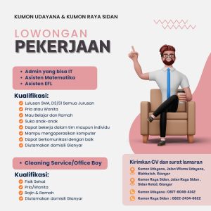 Lowongan Kerja Sebagai Admin, Asisten Matematika, Asisten EFL untuk Kumon Udayana & Kumon Raya Sidan Penempatan di Gianyar