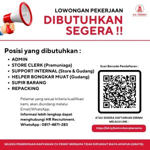 Lowongan Kerja Sebagai Admin, Store Clerk, Support Internal, Helper Bongkar Muat, Supir Barang, Repacking Operator untuk CV Fenny Penempatan di Denpasar
