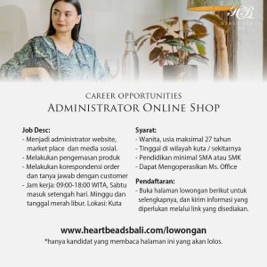 Lowongan Kerja Sebagai Administrator Online Shop untuk Heart Beads Bali Penempatan di Kuta, Badung