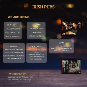 Lowongan Kerja Sebagai Bar Staff, Cashier, Engineer, Waitress, Cook untuk Rosey Murphy’s Irish Pub Penempatan di Seminyak, Badung