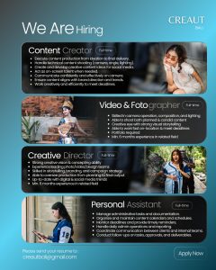 Lowongan Kerja Sebagai Content Creator, Video & Fotographer, Creative Director, Personal Assistant untuk Creaut Bali Penempatan di Denpasar