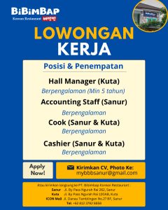 Lowongan Kerja Sebagai Hall Manager, Accounting Staff, Cook, Cashier untuk Bibimbap Korean Restaurant Penempatan di Bali