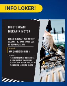 Lowongan Kerja Sebagai Mekanik Motor untuk Alit Motor Penempatan di Kediri, Tabanan