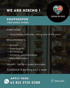 Lowongan Kerja Sebagai Shopkeeper untuk Ocean Of Love Penempatan di Ubud, Gianyar