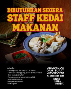 Lowongan Kerja Sebagai Staff Kedai Makanan untuk Bakso Supra Dinasty Penempatan di Denpasar