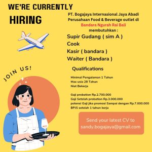 Lowongan Kerja Sebagai Supir Gudang (SIM A), Cook, Kasir, Waiter untuk PT. Bogajaya International Jaya Abadi Penempatan di Badung