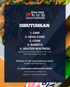 Lowongan Kerja Sebagai Chef, Head Cook, Cook, Barista, Waiter/Waitress untuk Hyang Togol Penempatan di Sanur, Denpasar