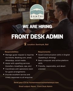 Lowongan Kerja Sebagai Front Desk Admin untuk Santai Stays Penempatan di Seminyak, Badung