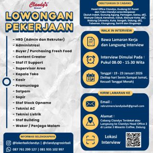 Lowongan Kerja Sebagai HRD (Admin dan Rekruter), Administrasi, Buyer / Purchasing Fresh Food, dll untuk Clandy's Grosir Bali Penempatan di Bali