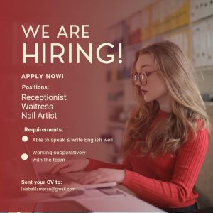 Lowongan Kerja Sebagai Receptionist , Waitress, Nail Artist untuk Laia Bali Penempatan di Bali