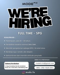 Lowongan Kerja Sebagai SPG, Cook/koki, Waiter/Waitress, Cleaning Service untuk Mode Fo Penempatan di Bali