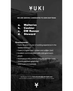 Lowongan Kerja Sebagai Waiter/ss, Cashier, Daily Worker Runner, Steward untuk Yuki Uluwatu Penempatan di Badung