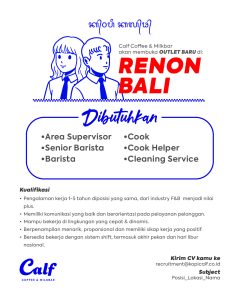 Lowongan Kerja Sebagai Area Spv, Senior Barista, Barista, Cook, Cook Helper, Cleaning Service untuk Calf Coffee & Milkbar Penempatan di Denpasar
