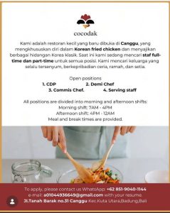 Lowongan Kerja Sebagai CDP, Demi Chef, Commis Chef, Serving Chef untuk Cocodak Penempatan di Canggu, Badung