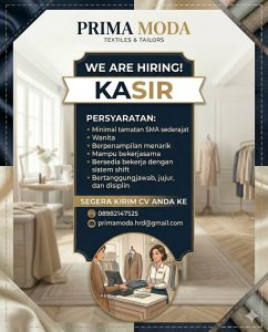Dibutuhkan segera KASIR Untuk PRIMA MODA Di Bali.