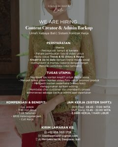 Lowongan Kerja Sebagai Content Creator & Admin Backup untuk Umah Kebaya Bali Penempatan di Denpasar