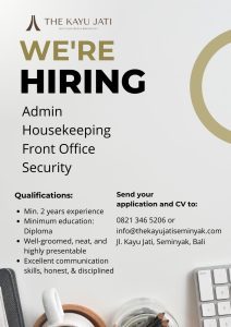 Lowongan Kerja Sebagai Admin, Housekeeping, Front Office dan Security untuk The Kayu Jati Penempatan di Seminyak, Badung